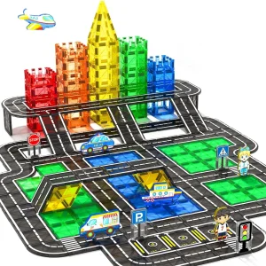 104 PCS Magnetic Tiles Road Set, STEM Magnet Building Blocks for Kids Toddler Toys Games, Christmas Birthday Gifts for 3+ Year O