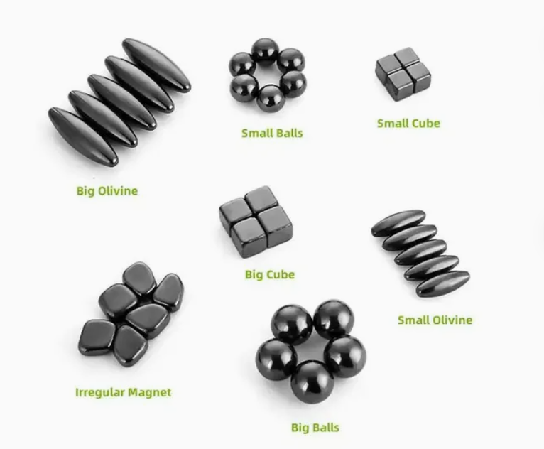 Various Magnetic Shapes for Fidget Toys: Big Olivine, Small Balls, Small Cube, Big Cube, Irregular Magnet, Big Balls, Small Olivine